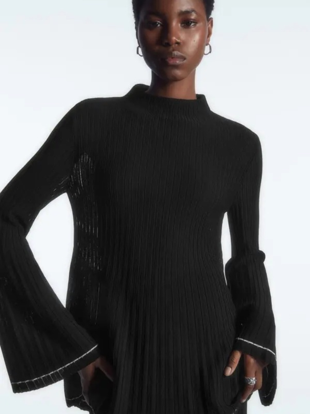 COS Pleated Knitted Tunic Top L Black White Sweater Bell Sleeve Mini Dress Y2K